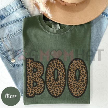 Front view of the Cheetah Boo Graphic Top showing the cheetah print BOO graphic printed across the chest - dogmomhat
