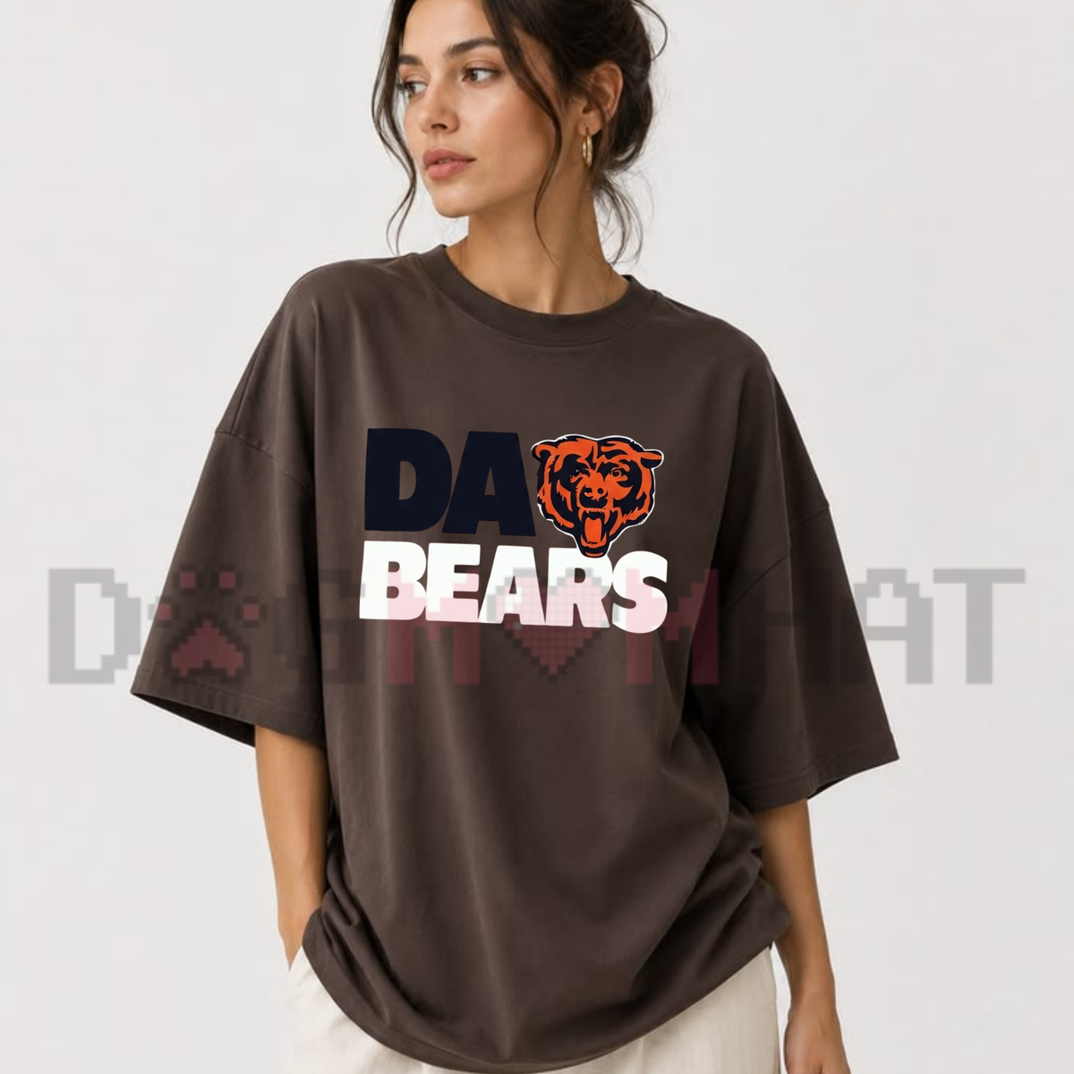 Front view of the Chicago Da Bears Hometown T-Shirt displaying vintage bear mascot and navy blue Da Bears typography printed across the chest. - dogmomhat