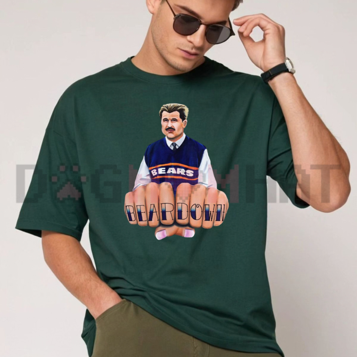 Front view of the Chicago Football Bear Down T-Shirt displaying iconic coach silhouette and sports typography printed across the chest of a casual cotton tee. - dogmomhat