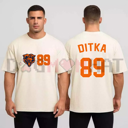 Front view of the Chicago Football Legend Number 89 T-Shirt displaying iconic number 89 jersey graphics printed across the chest of a casual cotton tee. - dogmomhat