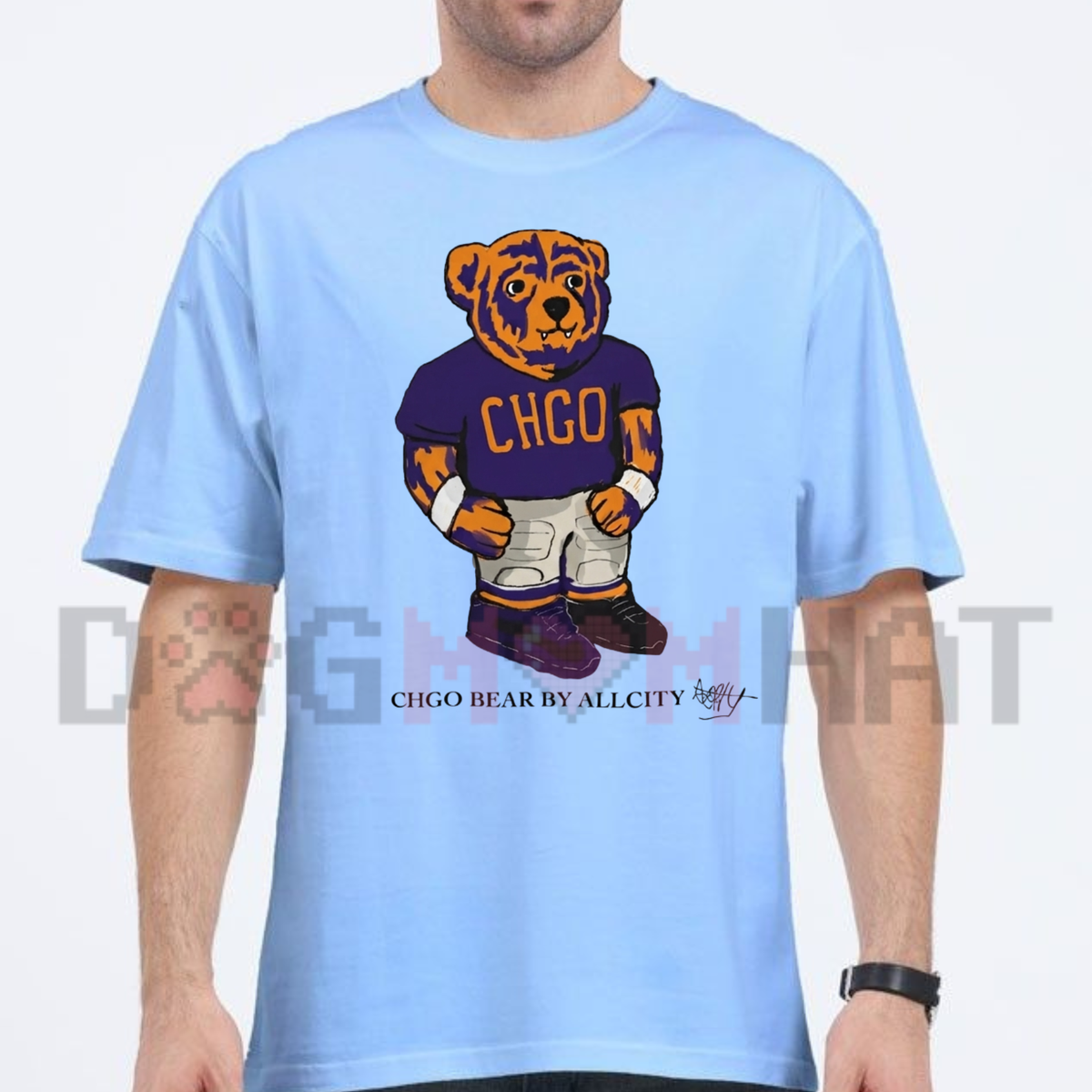 Front view of the Chicago Football Sport T-Shirt displaying roaring bear mascot and navy blue typography printed across the chest. - dogmomhat