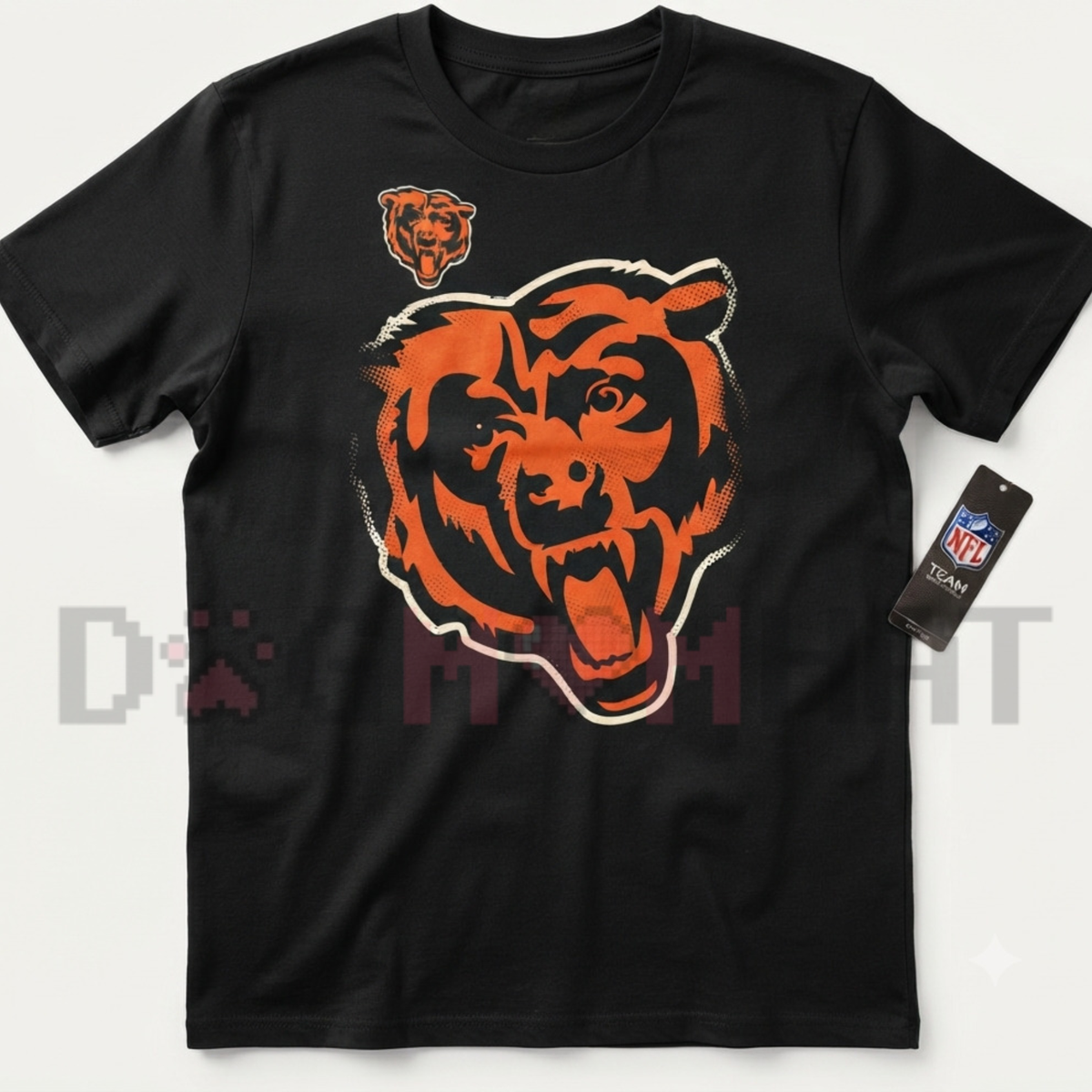 Front view of the Chicago Football Youth T-Shirt displaying oversized bear mascot graphics and navy blue typography printed across the chest. - dogmomhat