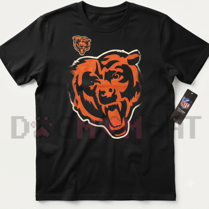 Front view of the Chicago Football Youth T-Shirt displaying oversized bear mascot graphics and navy blue typography printed across the chest. - dogmomhat