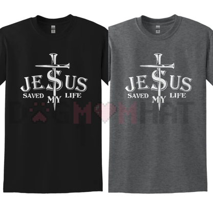 Front view of the Christian Print Long Sleeve T-Shirt featuring the Jesus Saved My Life Cross design - dogmomhat