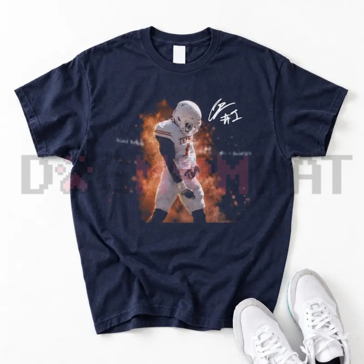 Front view of the Colin Simmons Grotesque Sack Celly T-Shirt displaying Texas linebacker defensive celebration graphic printed across the chest. - dogmomhat