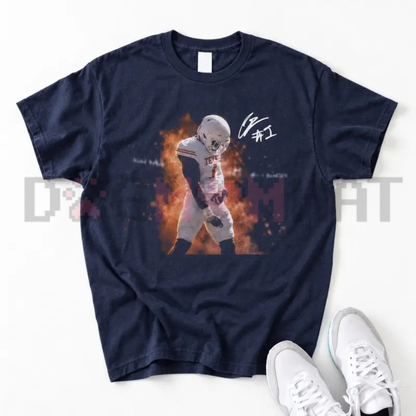 Front view of the Colin Simmons Grotesque Sack Celly T-Shirt displaying Texas linebacker defensive celebration graphic printed across the chest. - dogmomhat