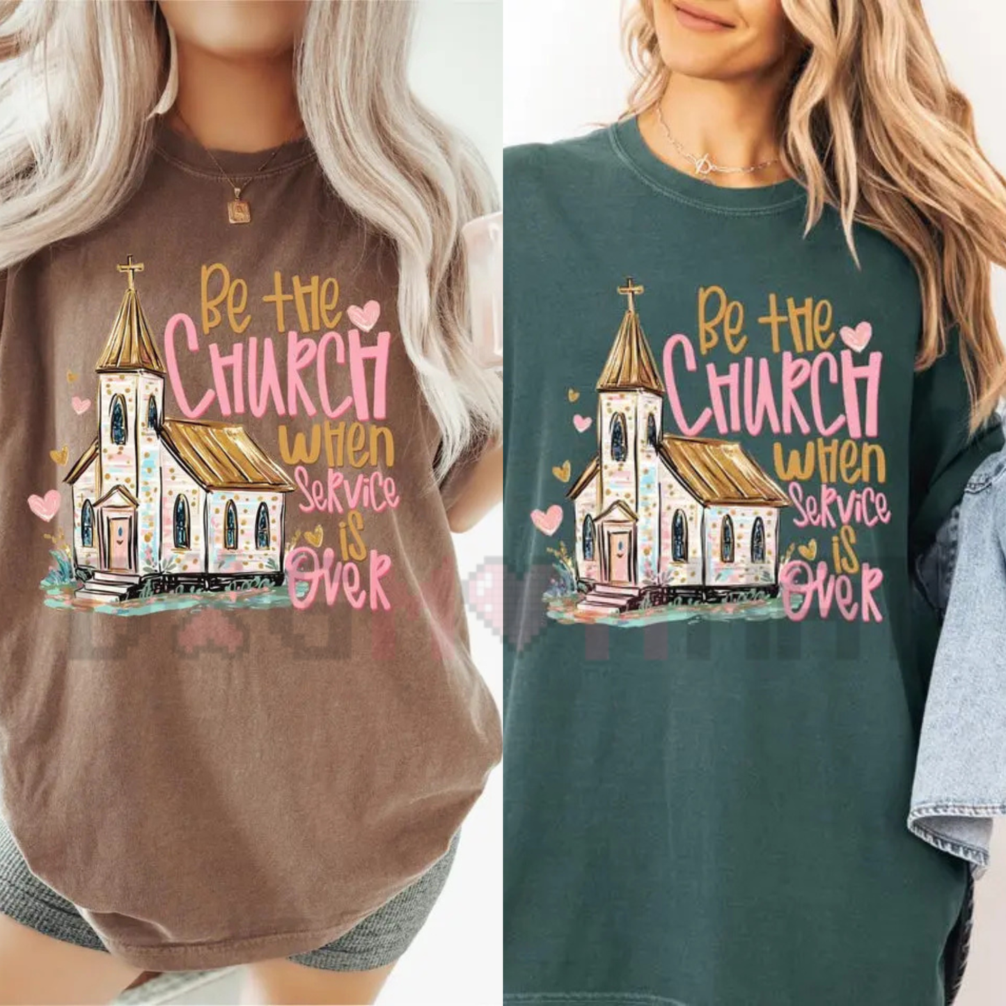 Front view of the Comfort Colors Be The Church When Service Is Over T-Shirt showing the clean faith-based typography design - dogmomhat