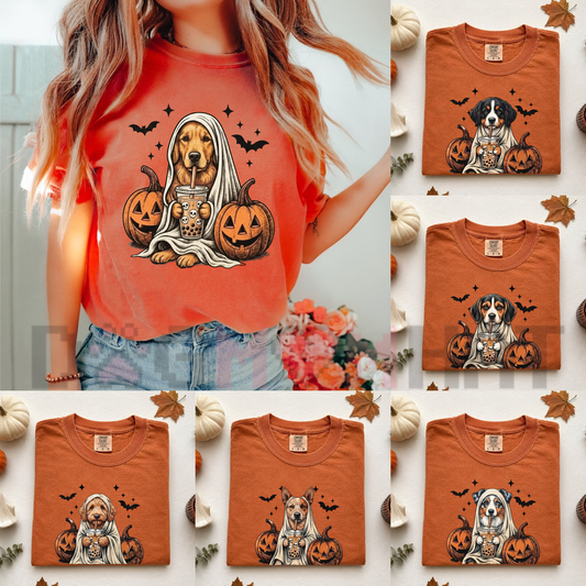 Front view of the Comfort Colors Custom Dog Ghost & Boba Tea Halloween T-Shirt displaying custom pet portrait artwork across the chest of a garment-dyed cotton tee. - dogmomhat