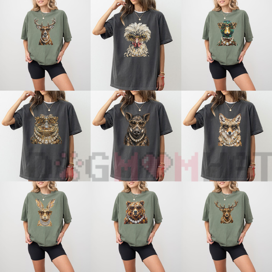 Front view of the Comfort Colors® Glam Whitetail Animals Hunting Season T-Shirt displaying leopard print wildlife graphics printed across the chest. - dogmomhat