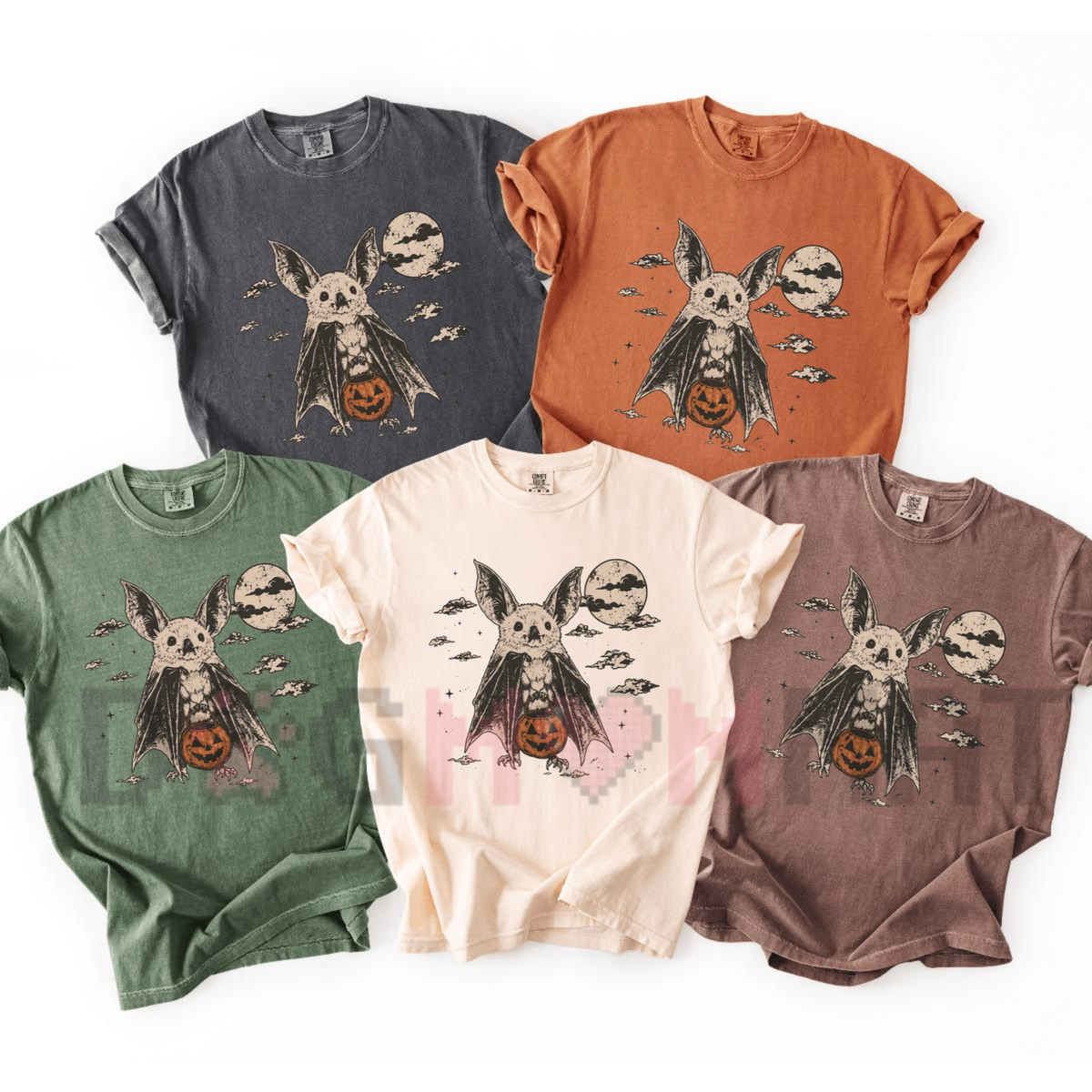 Front view of the Comfort Colors Moonlit Bat Pumpkin T-Shirt displaying vintage 90s Halloween graphic artwork printed across the chest of a garment-dyed cotton tee. - dogmomhat