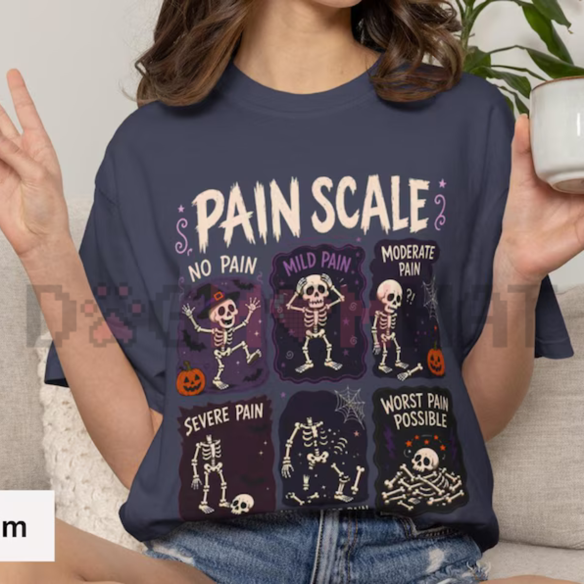 Front view of the Comfort Colors® Pain Scale Skeleton Nurse T-Shirt displaying funny medical humor and skeleton graphics printed across the chest. - dogmomhat