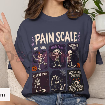 Front view of the Comfort Colors® Pain Scale Skeleton Nurse T-Shirt displaying funny medical humor and skeleton graphics printed across the chest. - dogmomhat