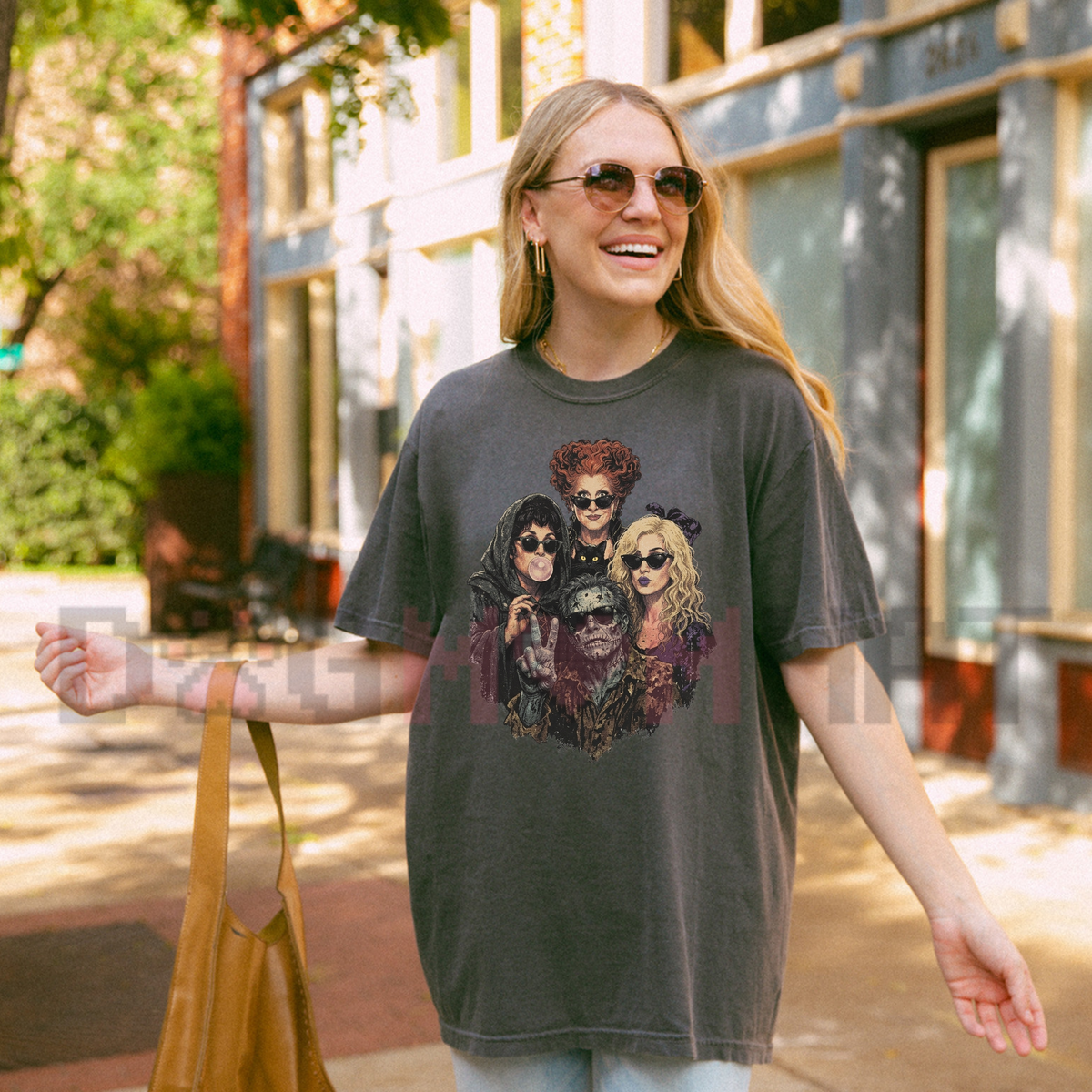 Front view of the Comfort Colors Retro Halloween Witch Sisters Selfie T-Shirt displaying witch trio and zombie portrait artwork printed across the chest of a garment-dyed tee. - dogmomhat