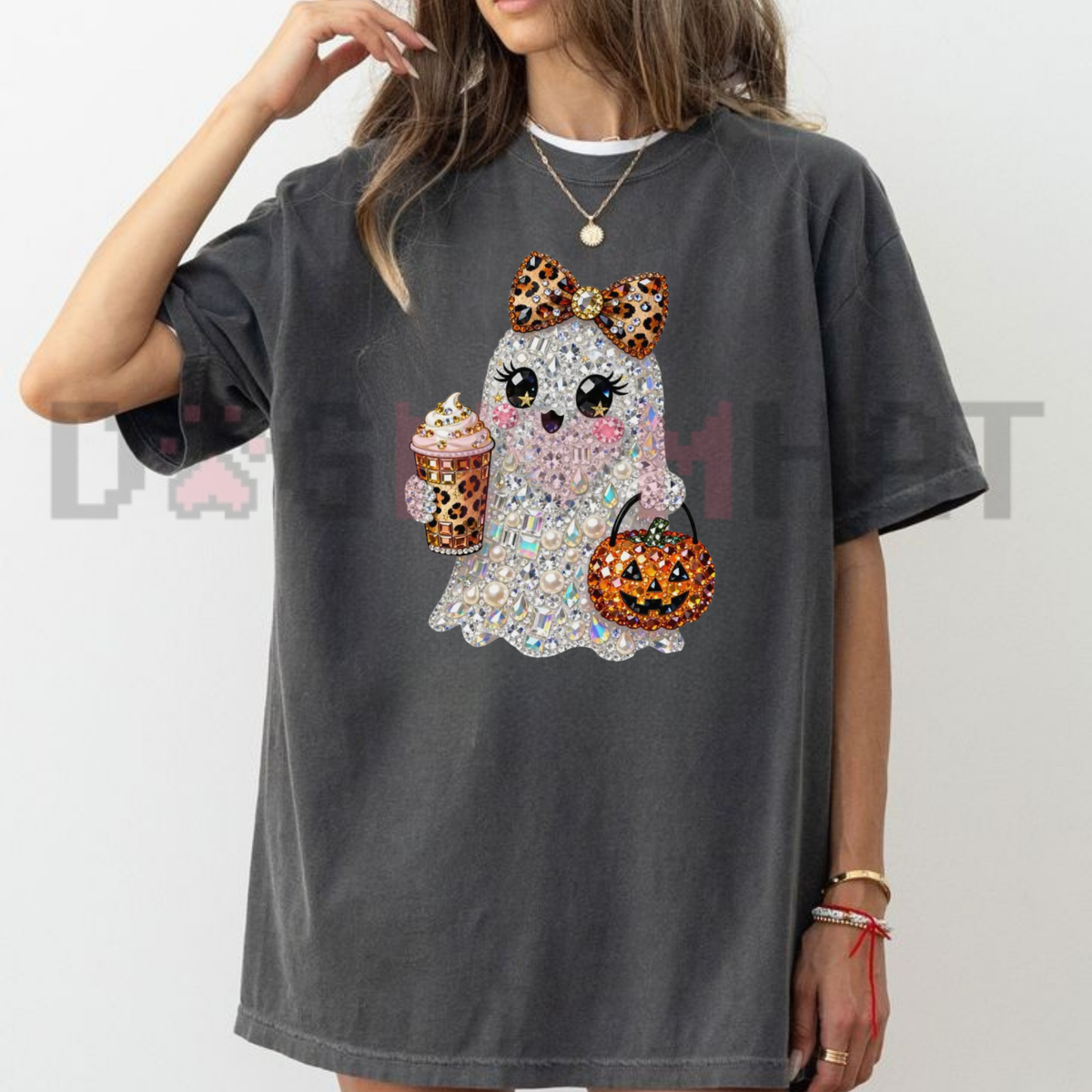 Front view of the Comfort Colors Sparkly Glam Ghost Halloween Shirt displaying cute faux-rhinestone ghost graphic artwork printed across the chest. - dogmomhat