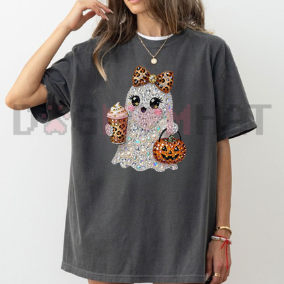 Front view of the Comfort Colors Sparkly Glam Ghost Halloween Shirt displaying cute faux-rhinestone ghost graphic artwork printed across the chest. - dogmomhat