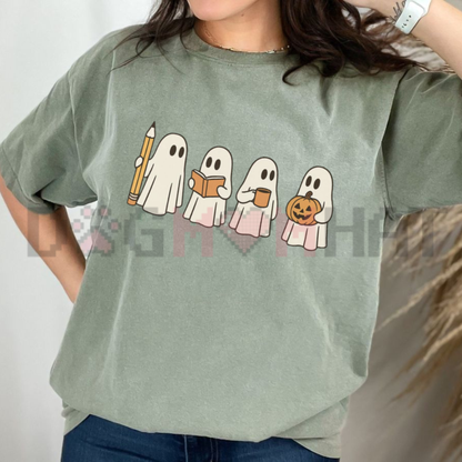 Front view of the Comfort Colors Spooky Teacher Shirt showing the cute Halloween ghost graphic printed on soft garment-dyed cotton. - dogmomhat