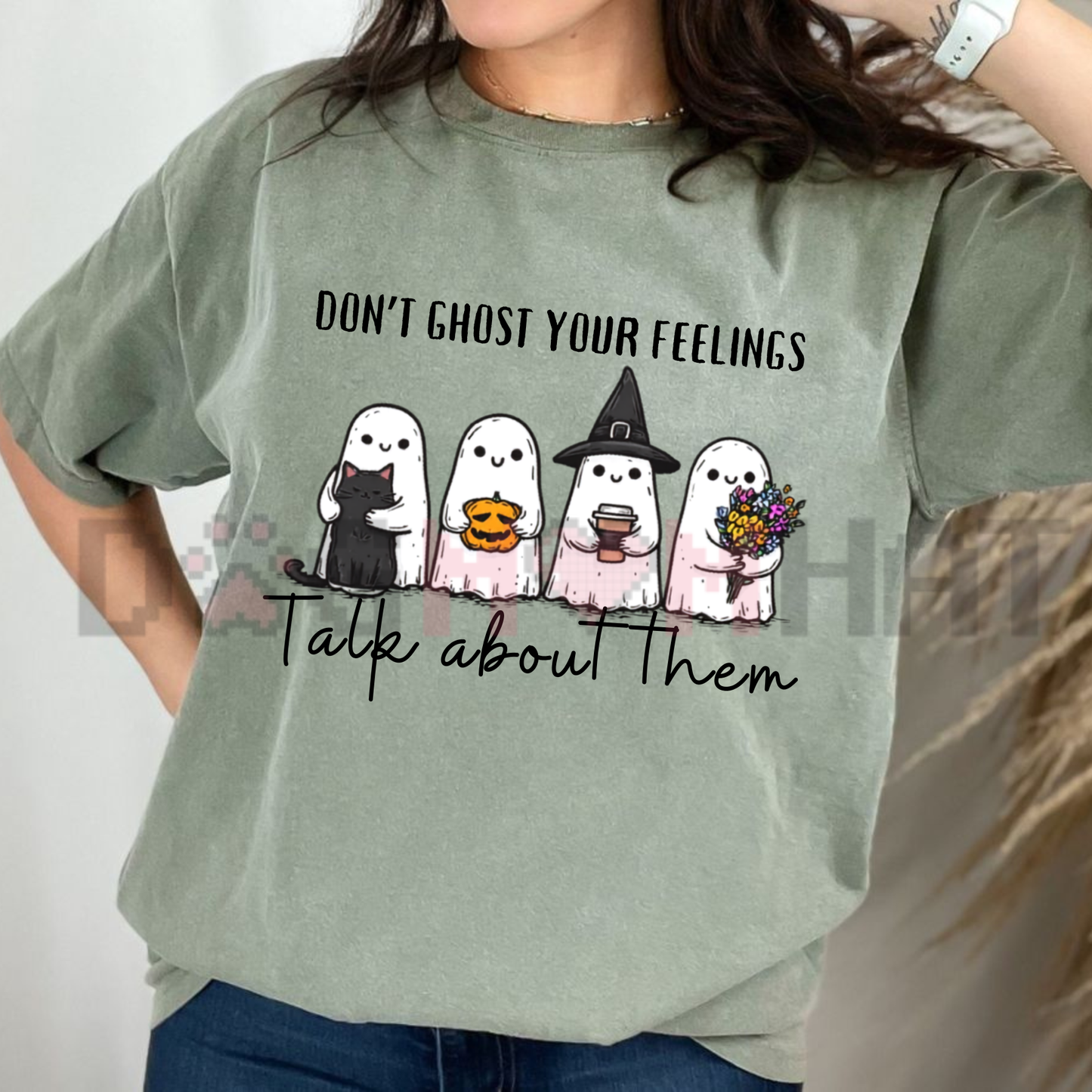 Front view of the Comfort Colors T-Shirt showing the "Don't Ghost Your Feelings" mental health graphic printed across the chest - dogmomhat