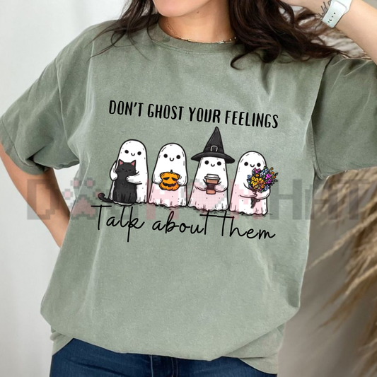 Front view of the Comfort Colors T-Shirt showing the "Don't Ghost Your Feelings" mental health graphic printed across the chest - dogmomhat