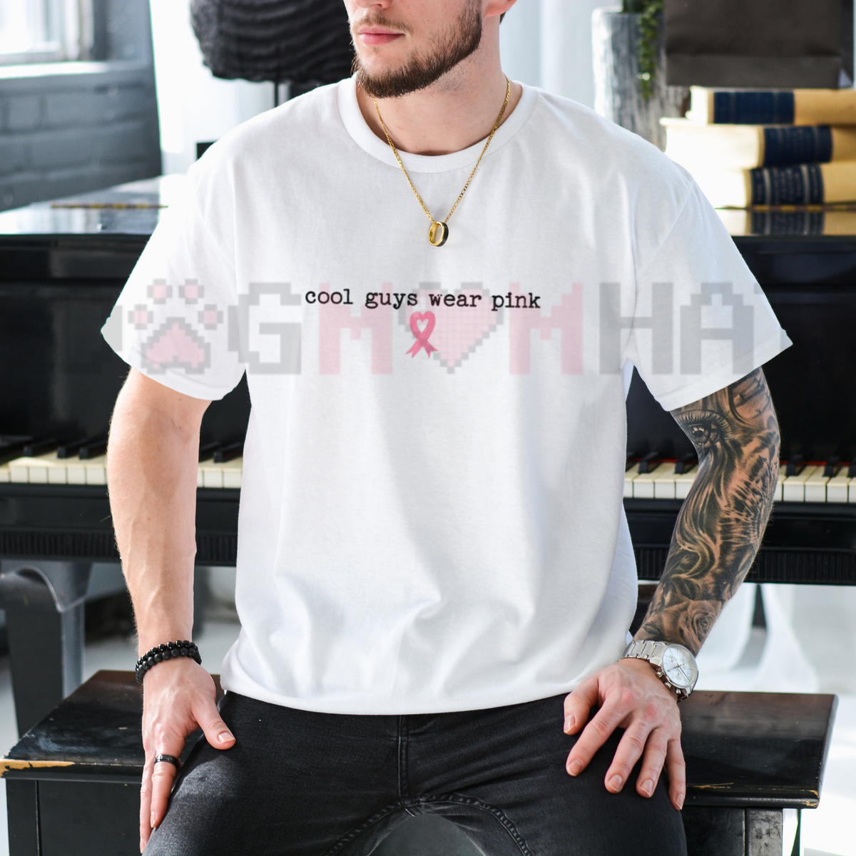 Front view of the Cool Guys Wear Pink Breast Cancer Shirt displaying pink ribbon graphic art and support squad typography printed across the chest. - dogmomhat