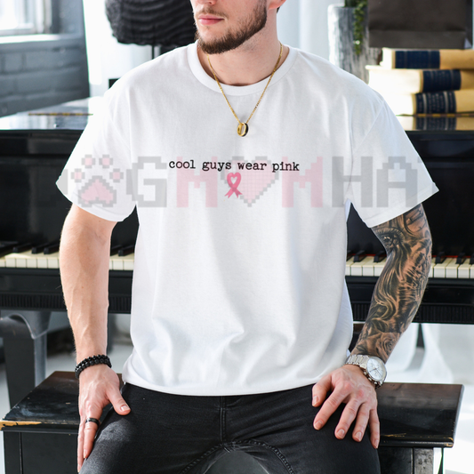 Front view of the Cool Guys Wear Pink Breast Cancer Shirt displaying pink ribbon graphic art and support squad typography printed across the chest. - dogmomhat