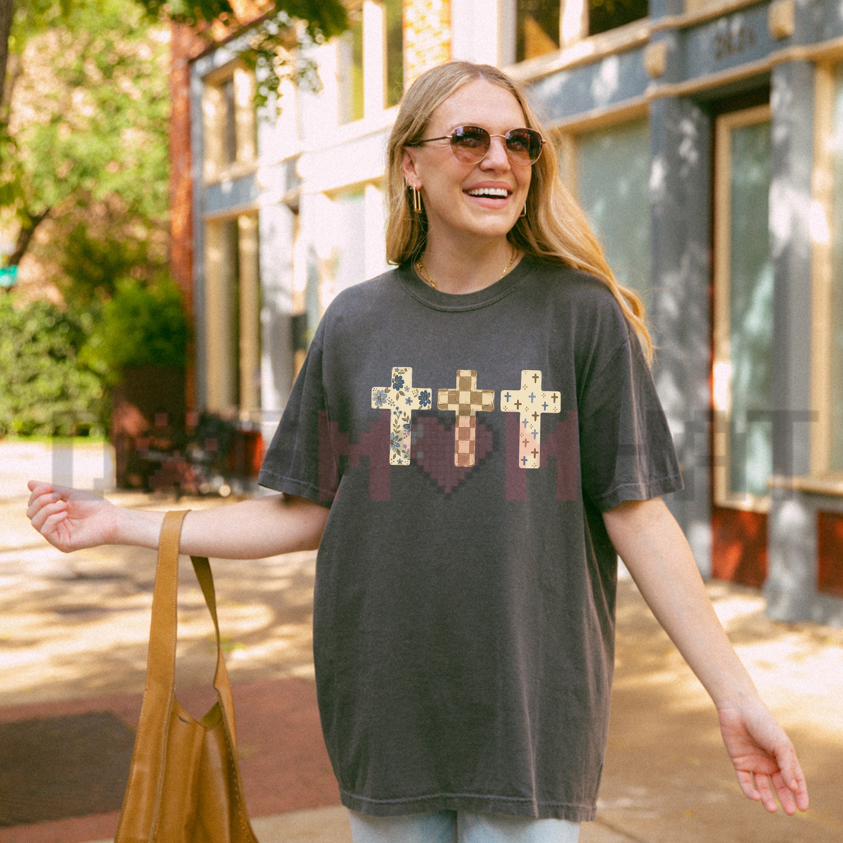 Front view of the Crosses T-Shirt displaying intricate vintage gothic cross graphics across the chest of a cotton crewneck tee. - dogmomhat