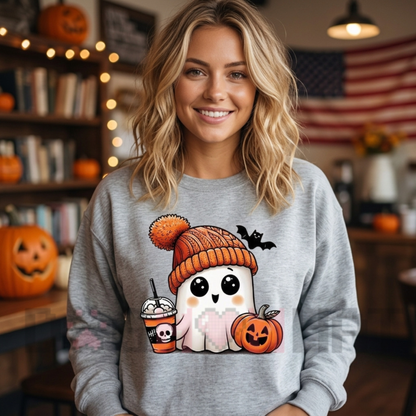 Front view of the Cute Ghost Iced Coffee Sweatshirt displaying ghost wearing orange beanie and holding coffee graphic printed across the chest. - dogmomhat