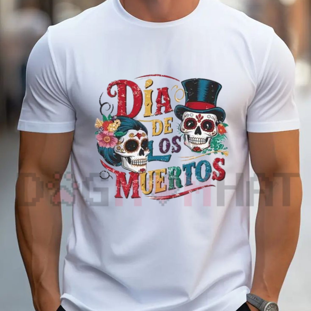 Front view of the Day of the Dead T-Shirt displaying a colorful sugar skull and marigold flowers printed across the chest. - dogmomhat