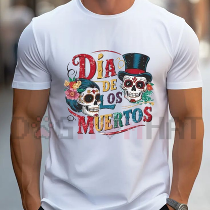 Front view of the Day of the Dead T-Shirt displaying a colorful sugar skull and marigold flowers printed across the chest. - dogmomhat