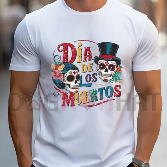 Front view of the Day of the Dead T-Shirt displaying a colorful sugar skull and marigold flowers printed across the chest. - dogmomhat