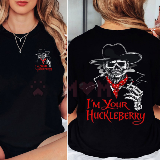 Front view of the Doc Holliday I'm Your Huckleberry T-Shirt showing the full-color zombie cowboy design - dogmomhat
