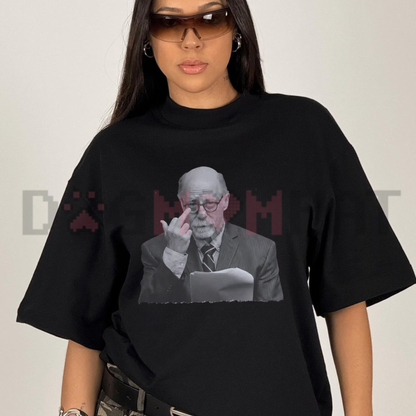 Front view of the Dr. Donald Condie Courtroom Lawyer Portrait T-Shirt showing the detailed middle finger graphic printed across the chest - dogmomhat