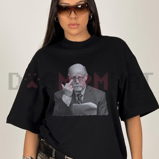 Front view of the Dr. Donald Condie Courtroom Lawyer Portrait T-Shirt showing the detailed middle finger graphic printed across the chest - dogmomhat