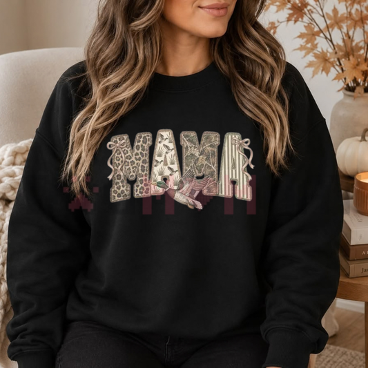 Front view of the Duck Hunting Mama Sweatshirt displaying preppy camo MAMA typography and Mallard duck graphic artwork printed across the chest of a cozy fleece crewneck. - dogmomhat