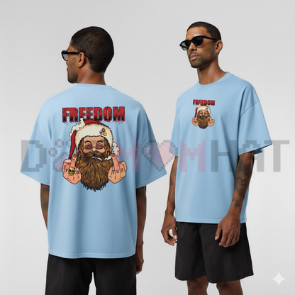 Front view of the FREEDOM Defiant Santa Claus T-Shirt displaying rebellious Santa wearing sunglasses graphic printed across the chest. - dogmomhat