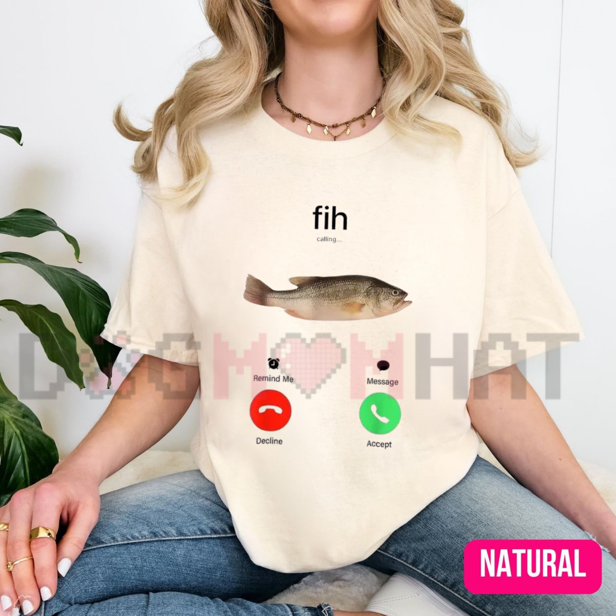 Front view of the "Fish Calling" T-Shirt displaying the smartphone screen graphic with "Decline" and "Accept" buttons printed across the chest. - dogmomhat