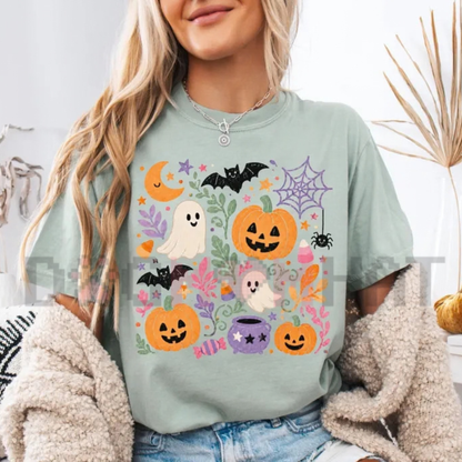 Front view of the Floral Ghost Pumpkin T-Shirt displaying preppy floral ghost and pumpkin graphics printed across the chest. - dogmomhat