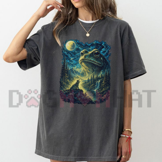 Front view of the Frog Howling To The Moon T-Shirt displaying retro amphibian howling at a full moon printed across the chest. - dogmomhat