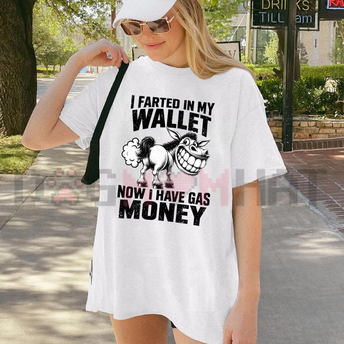 Front view of the Funny Donkey Gasoline Joke Gas Money T-Shirt displaying stubborn donkey and fuel price quote printed across the chest. - dogmomhat