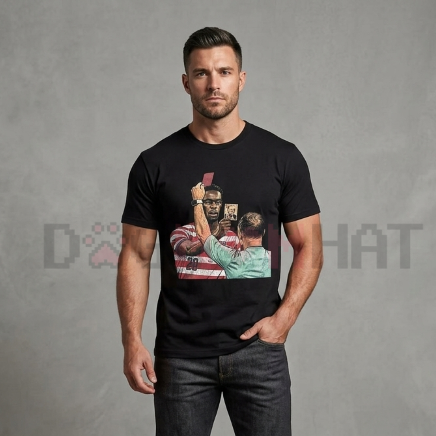 Front view of the Funny Soccer Red Card Meme Graphic Tee showing the humorous referee card design - dogmomhat