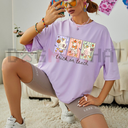 Front view of the Funny Teacher Goose Halloween Comfort Colors T-Shirt showing the cute ghost goose graphic printed across the chest - dogmomhat