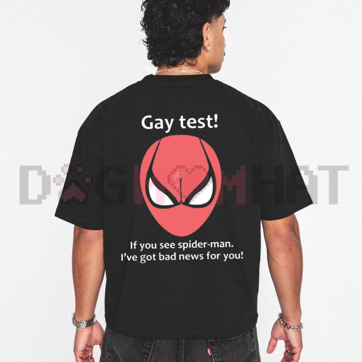 Front view of the Gay Test Spiderman Meme T-Shirt showing the funny quote and comic superhero graphic printed across the chest - dogmomhat