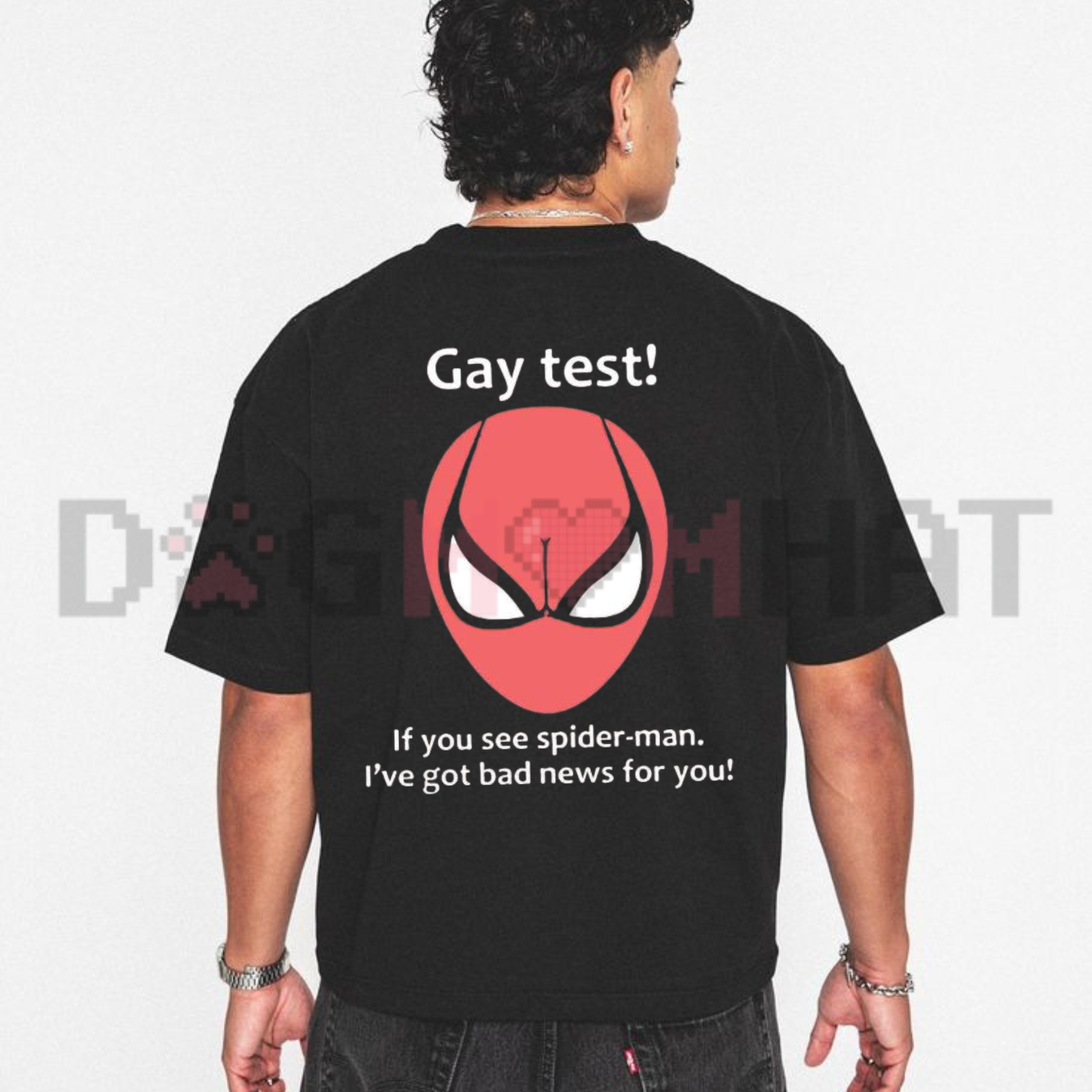 Front view of the Gay Test Spiderman Meme T-Shirt showing the funny quote and comic superhero graphic printed across the chest - dogmomhat