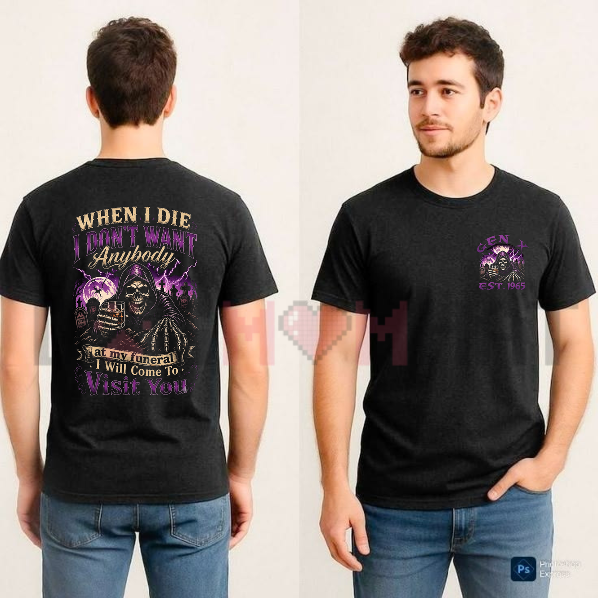 Front view of the Gen X Skull T-Shirt displaying distressed skull graphics and sarcastic Gen X typography printed across the chest. - dogmomhat