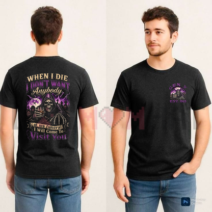 Front view of the Gen X Skull T-Shirt displaying distressed skull graphics and sarcastic Gen X typography printed across the chest. - dogmomhat