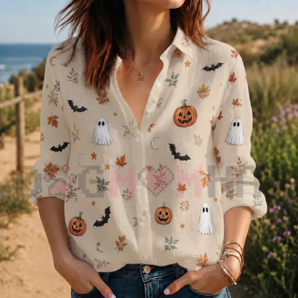 Front view of the Ghost Pumpkin Long-Sleeve Shirt displaying cute ghost and autumn leaves graphics printed across the chest. - dogmomhat