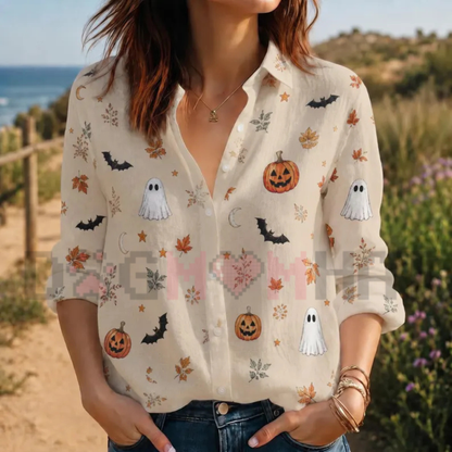 Front view of the Ghost Pumpkin Long-Sleeve Shirt displaying cute ghost and autumn leaves graphics printed across the chest. - dogmomhat