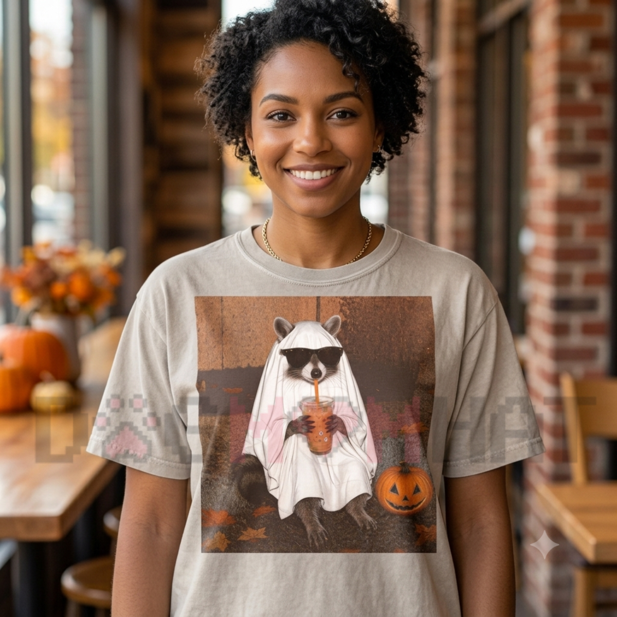Front view of the Ghost Raccoon Coffee T-Shirt displaying a ghost-costumed raccoon with iced coffee printed across the chest of a casual cotton tee. - dogmomhat