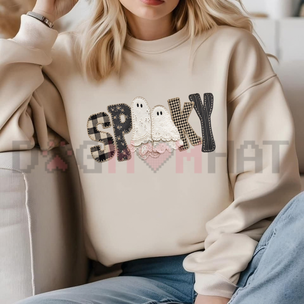 Front view of the Gildan Patchwork Gingham Spooky Ghost Sweatshirt displaying lace ghost artwork printed across the chest of a casual fleece crewneck. - dogmomhat