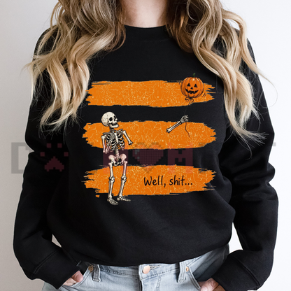 Front view of the Gildan "Well Shit" Skeleton Lost Balloon Sweatshirt displaying funny gothic graphic artwork printed across the chest. - dogmomhat