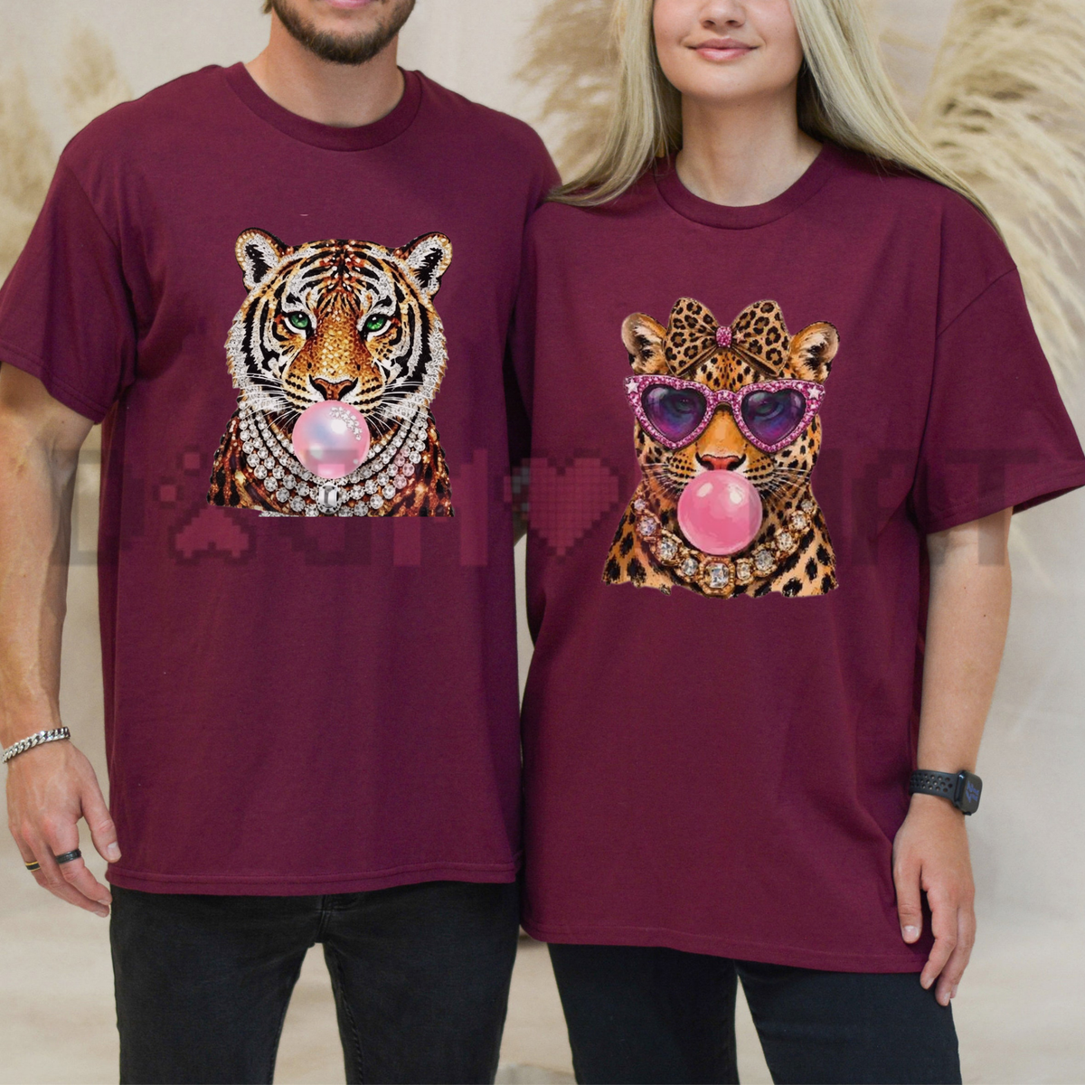 Front view of the Glam Tiger Bubble Gum T-Shirt displaying tiger wearing sunglasses blowing bubblegum graphic printed across the chest. - dogmomhat